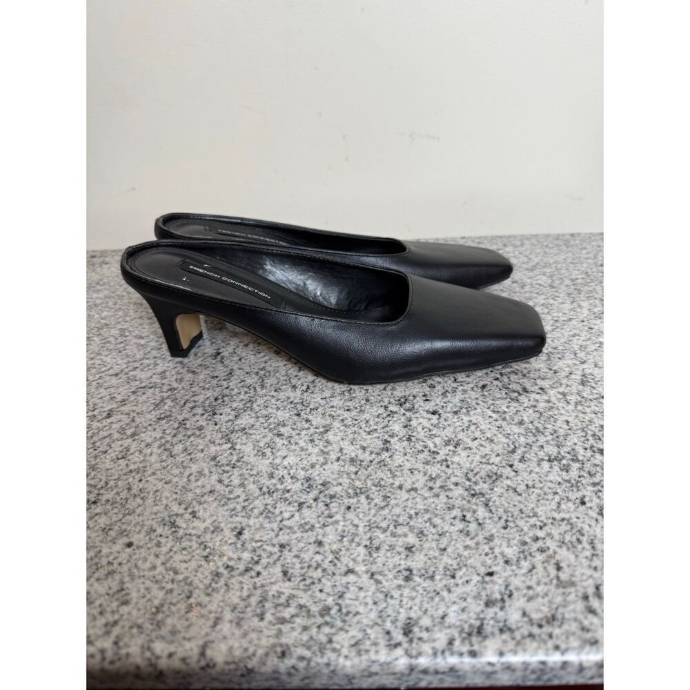 French Connection Aimee Black Heeled Mules | Block Heel Slip-On Dressy Shoe 6.5